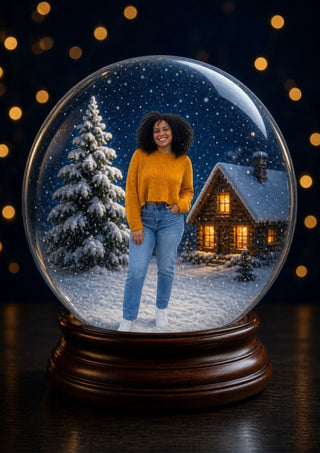 Snow Globe Portrait personalised poster – a young woman in a mustard sweater inside a snow globe with falling snow
