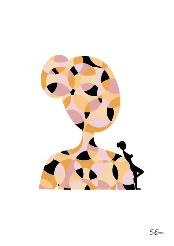 Abstract art print of a woman with colorful geometric patterns and a small black silhouette on her shoulder.