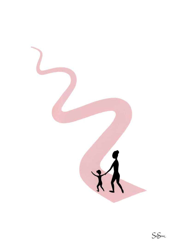 Minimalist poster of two figures walking hand in hand on a winding pink path, by Sara Sonne, titled Wu Wei.