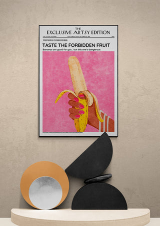 Poster for The Forbidden Fruit Artsy Edition with abstract art objects displayed on a shelf below.