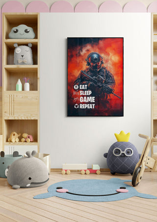 Eat Sleep Repeat Gamer Plakat featuring a gamer character on a fiery background, displayed in a cozy kid’s room.