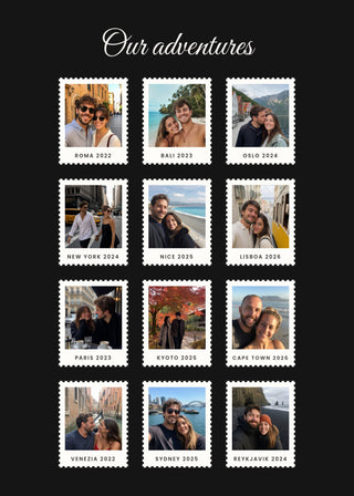 Travel Stamps personalised poster – twelve travel photo stamps on black