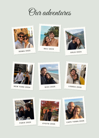 Travel Stamps personalised poster – nine travel photo stamps scattered across the poster, on sage