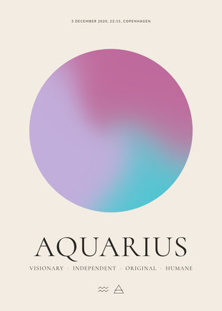Aquarius zodiac aura poster – a glowing Aquarius aura with date, time and place, traits and the Aquarius symbol on a cream background