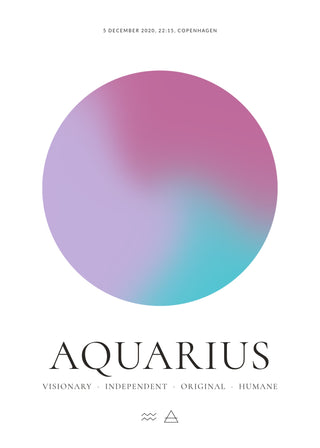 Aquarius zodiac aura poster – a glowing Aquarius aura with date, time and place, traits and the Aquarius symbol on a white background