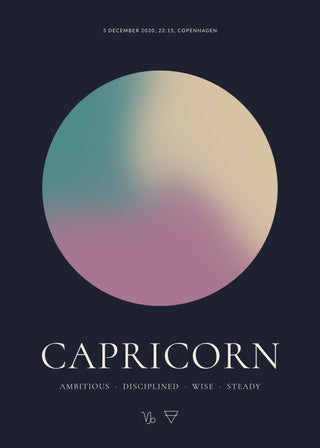 Capricorn zodiac aura poster – a glowing Capricorn aura with date, time and place, traits and the Capricorn symbol on a dark night background
