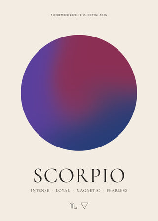 Scorpio zodiac aura poster – a glowing Scorpio aura with date, time and place, traits and the Scorpio symbol on a cream background