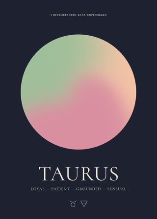 Taurus zodiac aura poster – a glowing Taurus aura with date, time and place, traits and the Taurus symbol on a dark night background