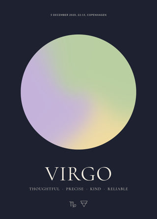 Virgo zodiac aura poster – a glowing Virgo aura with date, time and place, traits and the Virgo symbol on a dark night background